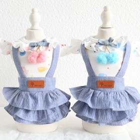 Petstyle spring and summer new cherry pendant imitation denim skirt sweet dress dog clothes cat