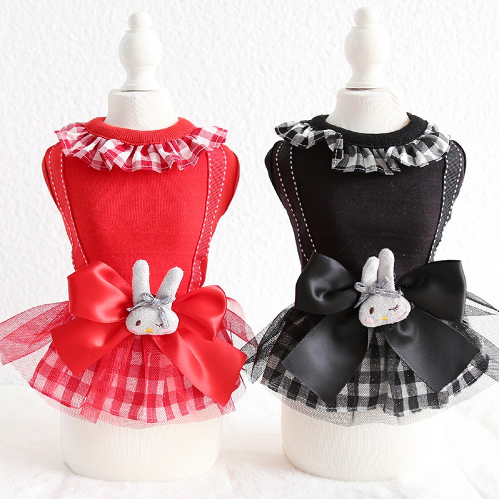 Petstyle spring and summer new sweet rabbit round neck plaid skirt dress dog clothes cat skirt