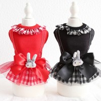 Petstyle spring and summer new sweet rabbit round neck plaid skirt dress dog clothes cat skirt
