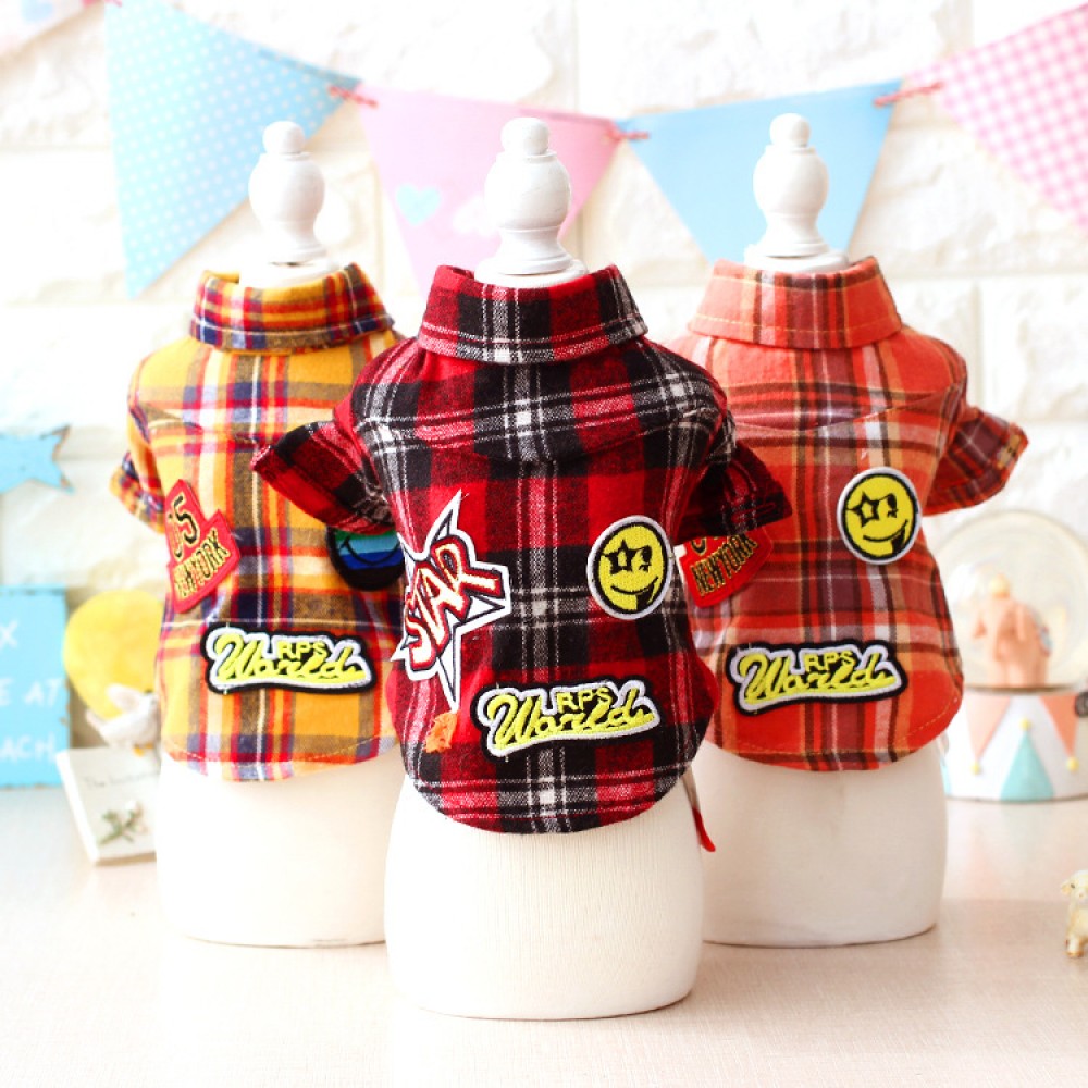 Petstyle Spring and Autumn Patch Plaid Shirt Teddy Bear Bear Dog Autumn and Winter Clothes