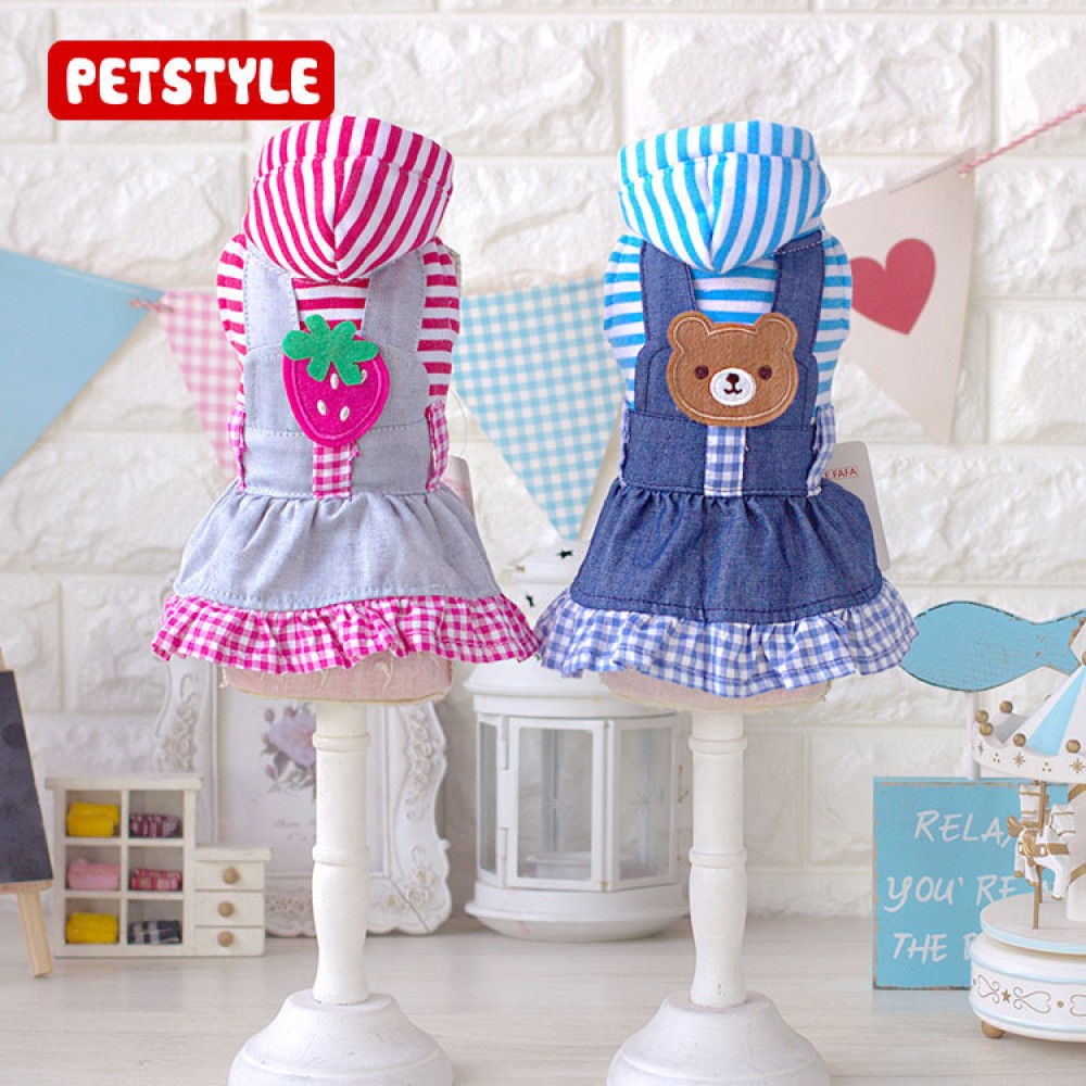 Petstyle Autumn New Print Striped Cartoon Denim Skirt Pet Dog Dress Autumn