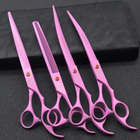 Set send paint pink 4 pet grooming scissors 8.0 inch hair trimming straight shears curved shears cut teeth scissors set