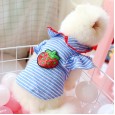 Pet cat dog clothes blue stripe small flying sleeve sequin strawberry shirt cute and comfortable Teddy little vest dog costume