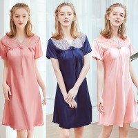Silk nightdress ladies summer sexy lace short sleeve pajamas SQ1027