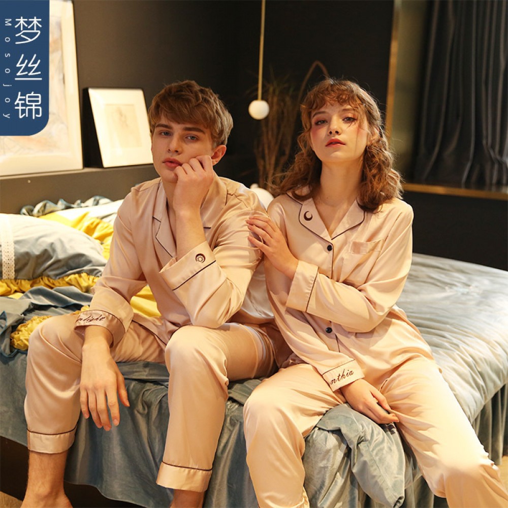 New spring and summer autumn male and female couple simulation silk pajamas silk short sleeve shorts home service suit
