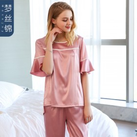 New pajamas ladies summer spring and autumn simulation silk short-sleeved trousers hooded round neck home service suit