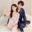 Couple silk pajamas male long-sleeved ice silk spring and autumn thin section suit female long-sleeved two-piece nightdress home service