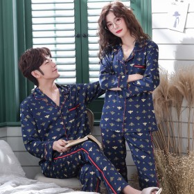 Autumn thin section men's long-sleeved suit silk home service ladies ice silk two-piece suit autumn and winter new couple nightwear