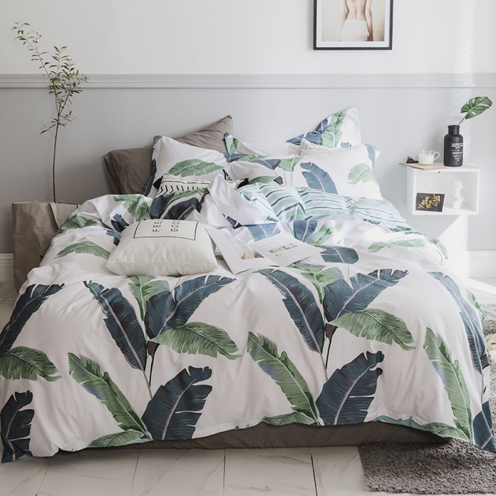 Green plant cotton four-piece large leaves fresh simple bed linen double quilt monstera spring summer Nordic style bedding