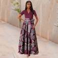 Spring and summer new women's skirt contrast color short-sleeved v-neck print dress dress