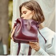 Leather handbags fashion new bucket bag first layer cowhide ladies shoulder strap drawstring buckle messenger handbag