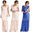 White sexy deep V-neck long-sleeved lace perspective tight-tailed long dress 8905