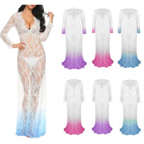 White Sexy Deep V-neck Long Sleeve Lace Perspective Tight Tail Tail Dress Long Dress 9848