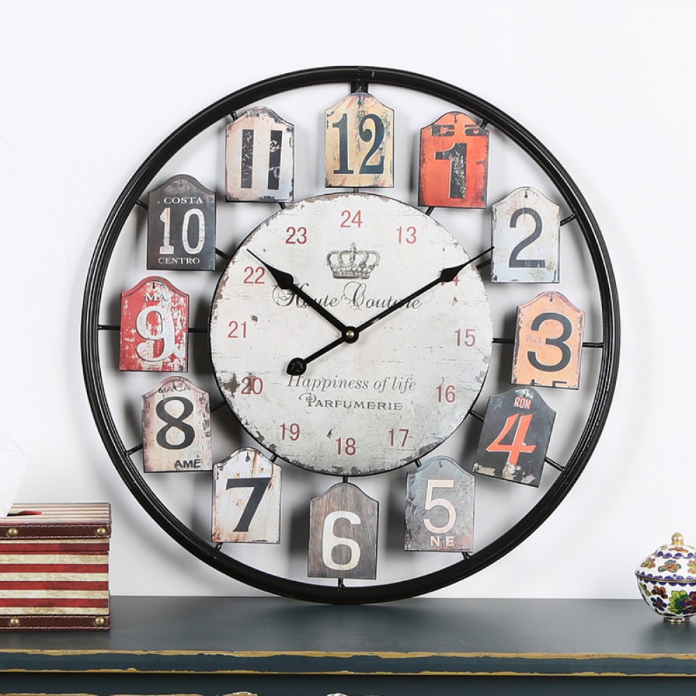 European wrought iron retro wall clock bedroom home living room European style clock diy metal hollow round clock