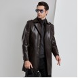 Medium men's eco-leather windbreaker mid-length Haining suit collar leather jacket men plus velvet leather coat