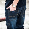 New multi-pocket straight tooling jeans men denim long pants outdoor casual loose overalls men