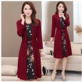 Fake two-piece lace dress, long-sleeved autumn dress, mother dress, female large size slim mid-length bottoming skirt