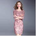 Spring and summer new women's round neck mid-sleeved skirt step dress slim dress