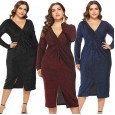 Spring new plus size fat mm large size women's V-neck dress dress skirt