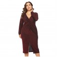 Spring new plus size fat mm large size women's V-neck dress dress skirt