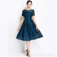 Xia's new large size women's fit body mesh lace dress was thin and versatile short-sleeved A-line skirt
