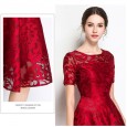 Xia's new large size women's fit body mesh lace dress was thin and versatile short-sleeved A-line skirt