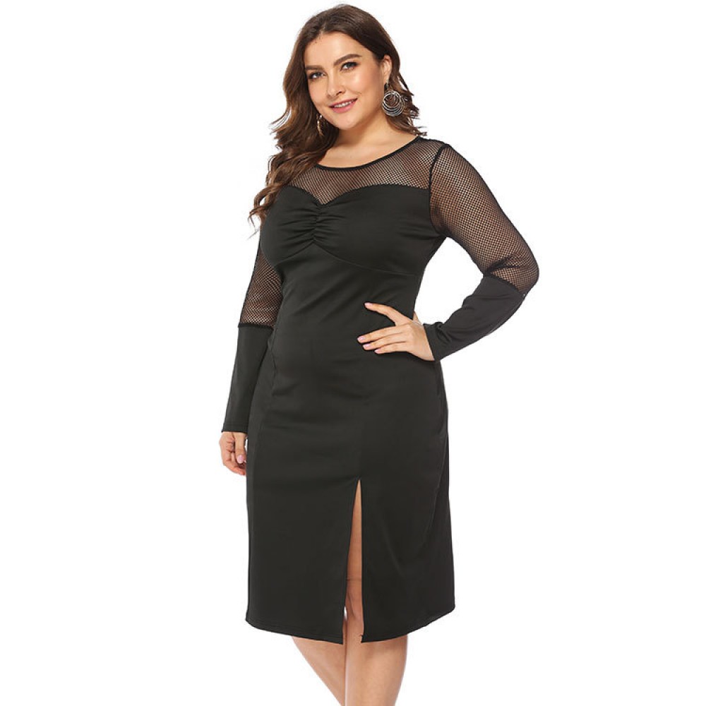 Autumn and winter new large size women's fat mm long-sleeved dress dress mesh perspective split bottoming skirt