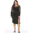 Autumn and winter new large size women's fat mm long-sleeved dress dress mesh perspective split bottoming skirt