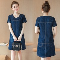 Korean version of the new summer women's plus size slim short-sleeved A-line denim dress female 98