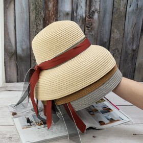 Retro French Hepburn wind big ribbon streamer lampshade straw hat beach beach holiday sunscreen shading big along hat