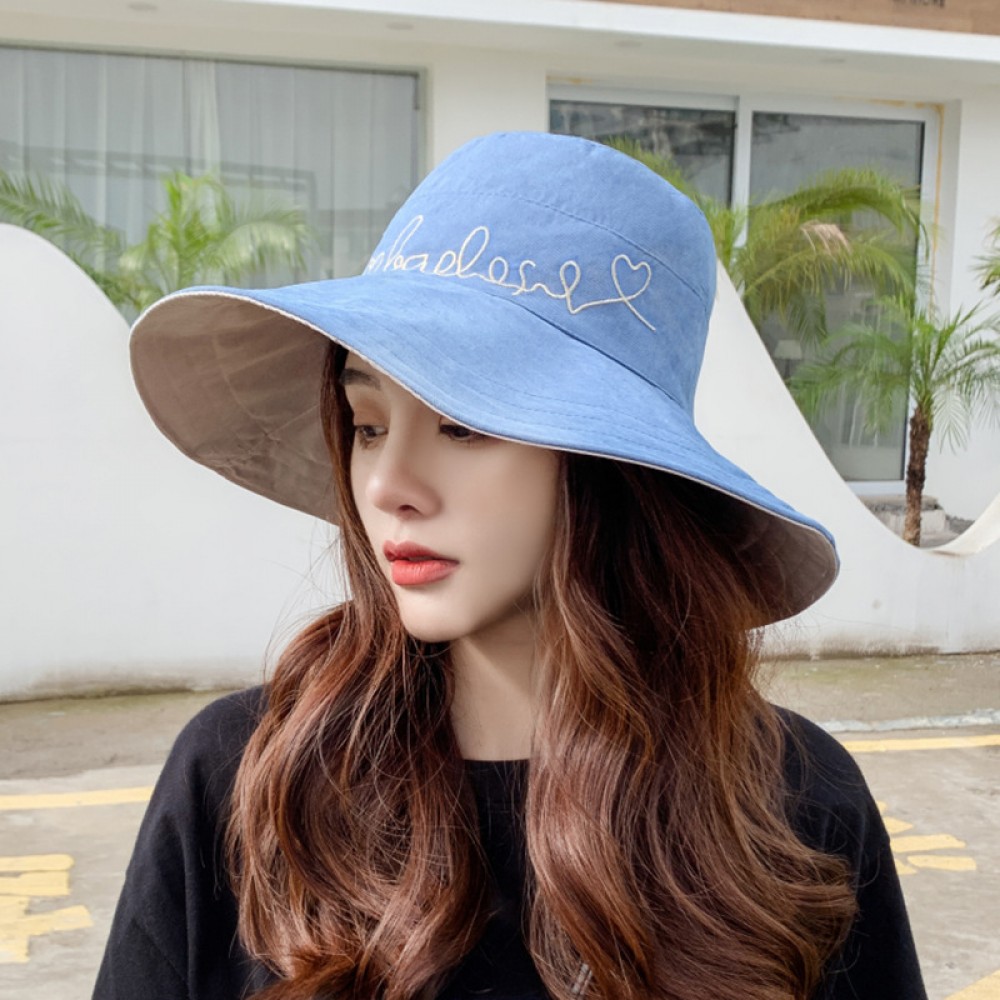 Embroidered letters simple fashion sun hat female summer new style double-sided anti-UV fisherman hat