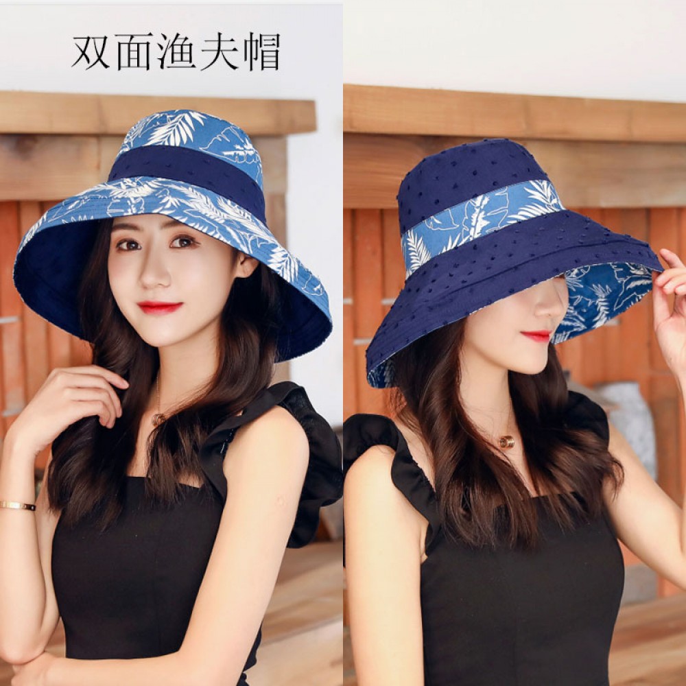 Summer new cotton and linen double-sided wear fisherman hat female outdoor sunscreen sun hat literary lattice pot hat