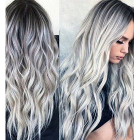 Hot bleaching and dyeing mid-length long curly hair COS gray gradient anime wig new female chemical fiber hood