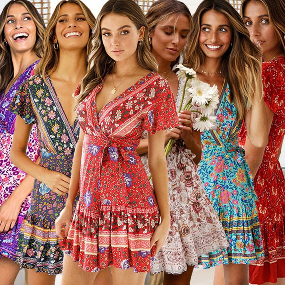 Women's New Dress Bohemian Swing V-neck Beach Holiday Lace Print Skirt