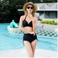 The new sexy bikini three-piece black slim swimsuit ladies small chest steel support gathered hot spring swimwear
