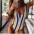 New One-Piece Swimsuit Colorblock Stripe Digital Print Front Zippered One-Piece Swimsuit 26