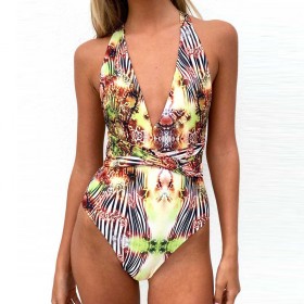 The new one-piece swimsuit long tie printed one-piece swimsuit