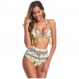 New high waist bikini mesh yarn stitching high waist sunflower print tassel