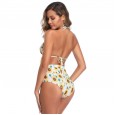 New high waist bikini mesh yarn stitching high waist sunflower print tassel