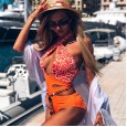 New one-piece swimsuit digital printing solid color stitching cross-neck lace one-piece swimsuit