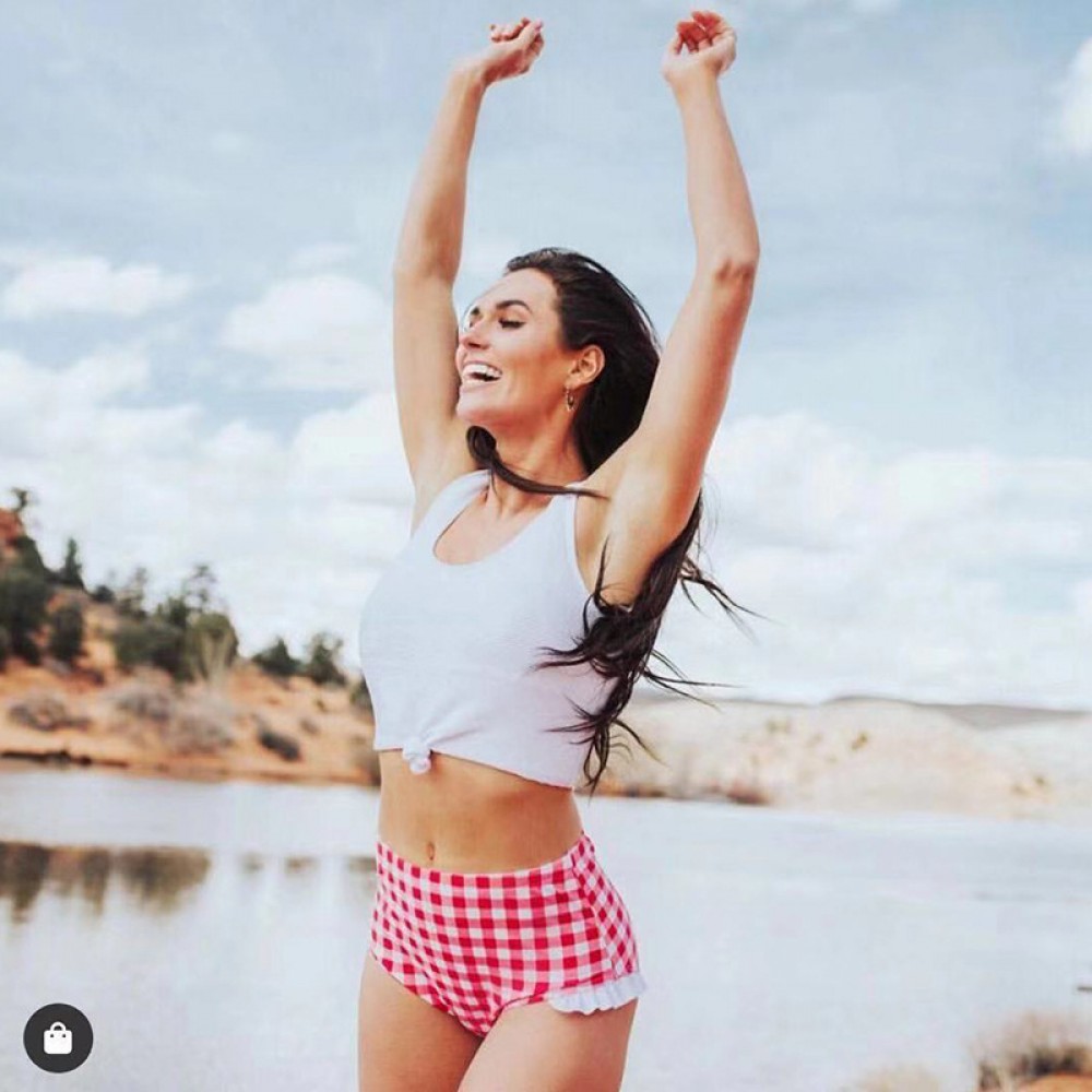 New bikini small fresh white top lotus leaf plaid pants swimsuit