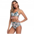 New high waist bikini mesh yarn stitching high waist leaf print sexy