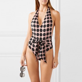 New swimsuit one-piece big wave dot print belly tie knotted swimsuit bikini