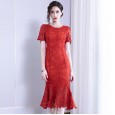 Hollow lace dress female spring new temperament round neck ladies waist slim fit bag hip fishtail skirt