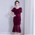 Spring new slim lace bag hip skirt short-sleeved round neck mid-length slim dress