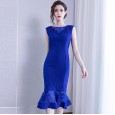 Summer new dress round neck sleeveless bag hip slim mid-length fishtail skirt women