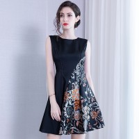 High-end embroidered dress spring new round neck elegant sleeveless A word high waist was thin middle skirt women