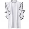 Spring New Chiffon Lotus Leaf Sleeve Lace Trim Shirt High Collar Elegant Solid Color Top Women