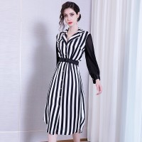 Spring new striped print dress femininity long-neck V-neck was thin waist long sleeve shirt skirt
