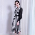 Spring new striped print dress femininity long-neck V-neck was thin waist long sleeve shirt skirt